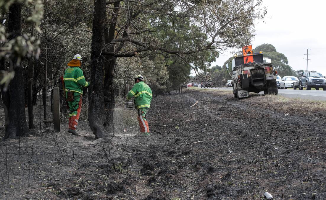 Burnt: Crews at work to clear trees along the Princes Highway near Garvoc following the St Patrick's Day fires. Some councillors are calling for better roadside management following the fires. Picture: Rob Gunstone