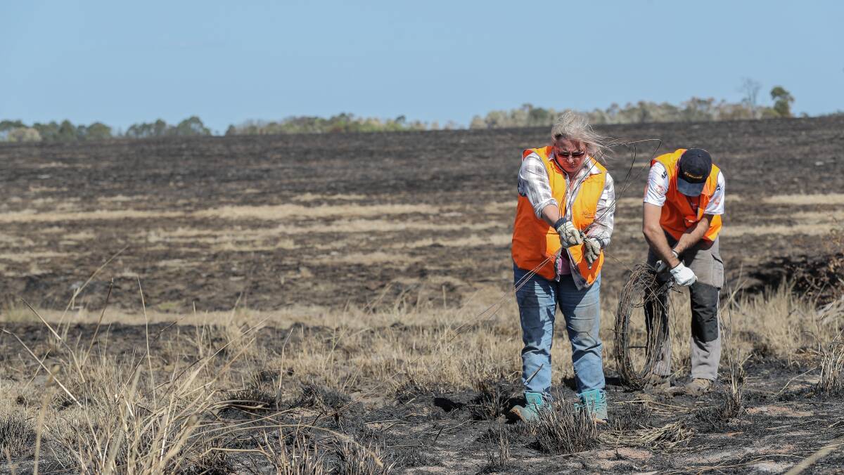 Pitching in: Blaze Aid volunteers Sarah Rantall and Ian Gibbe roll up burnt fencing wire on a property near Cobden. Picture: Christine Ansorge