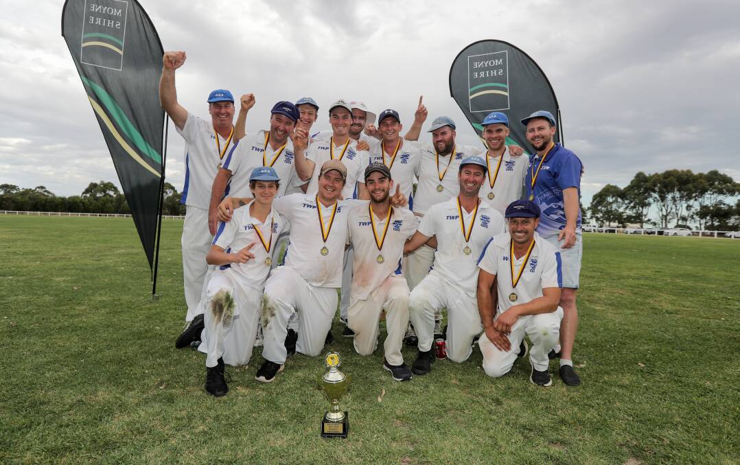 VICTORS: Hawkesdale players celebrate their 2017-18 Grassmere Cricket Association grand final win. Picture: Rob Gunstone
