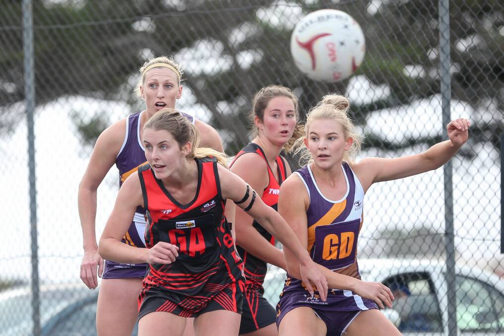 TWO OF THE BEST: Cobden goal attack Jaymie Finch and Port Fairy goal defence Carly Watson lose the ball. Picture: Christine Ansorge
