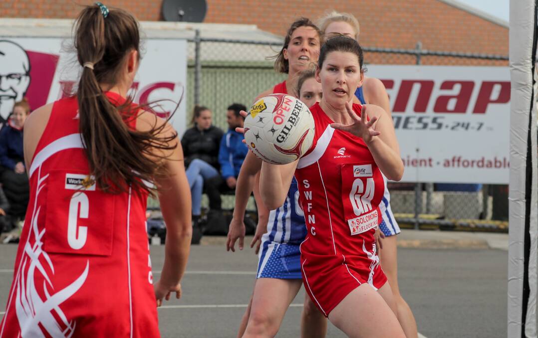 HEART-STOPPERS: South Warrnambool's Liz Byrne receives the ball inside the circle during the Roosters' tight one-goal victory. Picture: Rob Gunstone