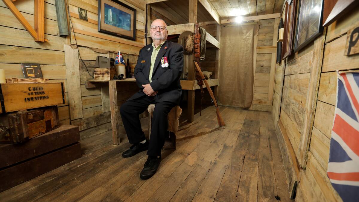 Vision: Terang RSL sub-branch president Steve Bloxham in the replica WWI bunker that has been constructed within the RSL building. Picture: Rob Gunstone