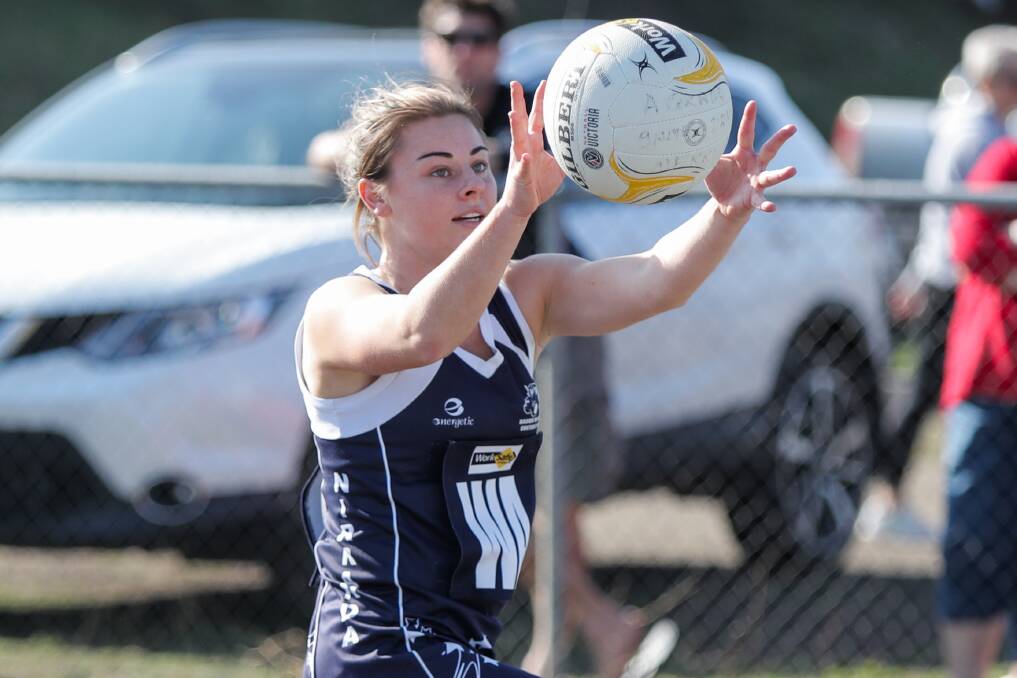 Focused: Nirranda wing attack Kristy Ludeman offered plenty of drive for the Blues as they returned to the winners list. Picture: Morgan Hancock