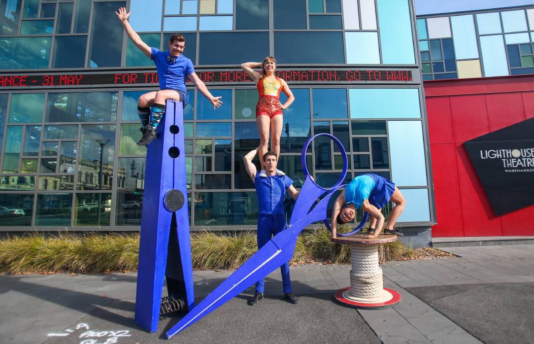 Showtime: Circus Oz performers Lachie Sukroo, Tara Silcok, Jake Silvestro and Rose Chalker McGann are preparing for their weekend shows at Warrnambool's Lighthouse Theatre. Picture: Morgan Hancock