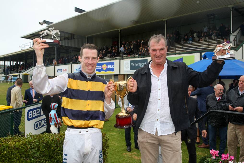 WINNERS ARE GRINNERS: Jockey John Allen and trainer Darren Weir celebrate after winning the 2018 Warrnambool Cup. The race will receive a prizemoney boost in 2019. Picture: Rob Gunstone