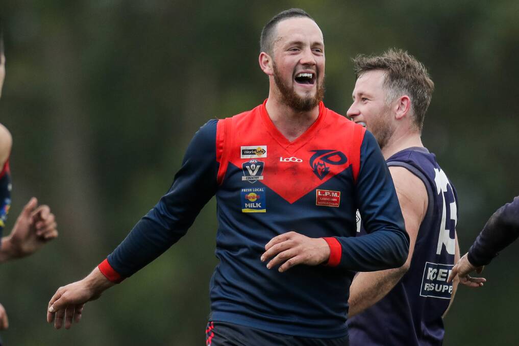 HAPPY TIMES: Timboon's Sam Negrello is all smiles after the Demons secured a come from behind victory over a previously undefeated Nirranda. Picture: Morgan Hancock 