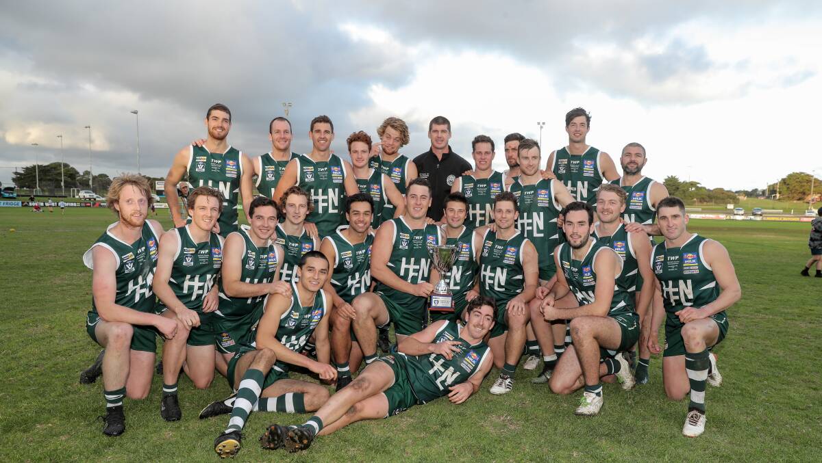 WINNERS: The Hampden league players are all smiles after their victory over Bendigo. Picture: Rob Gunstone