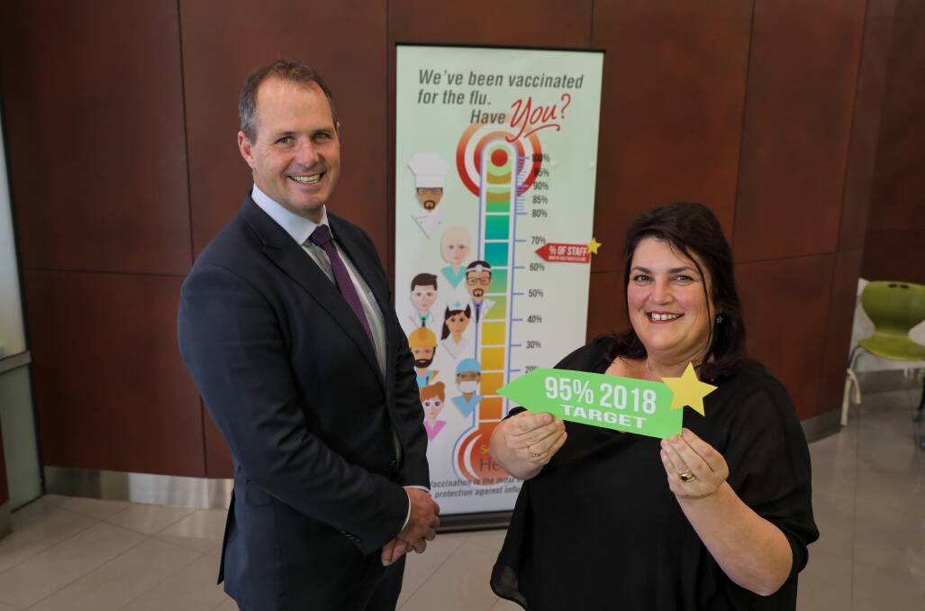 TARGET: South West Healthcare CEO Craig Fraser and infection prevention coordinator Jenny Lukeis are aiming for 95 per cent of staff flu vaccinations. Picture: Rob Gunstone