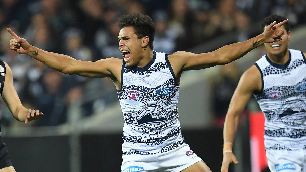 Jamaine Jones will be one of 10 Geelong players visiting Warrnambool next week for a fan engagement day at Lake Pertobe from 4-6pm. Picture: AAP/Julian Smith