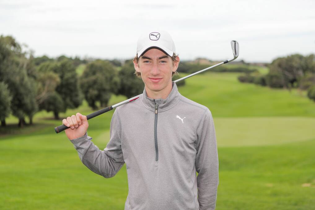 Day one leader: Commonwealth's Caleb Perry (pictured) takes a four-shot lead over Noah Best heading into the second and final day of Warrnambool's Sungold Junior Open. Picture: Morgan Hancock .