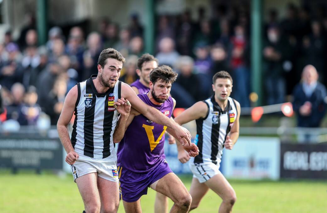 BUSINESS END: Camperdown's Will Rowbottom and Port Fairy's Sandy Robinson will play in front of a big qualifying final crowd on Saturday at Cobden. Picture: Christine Ansorge