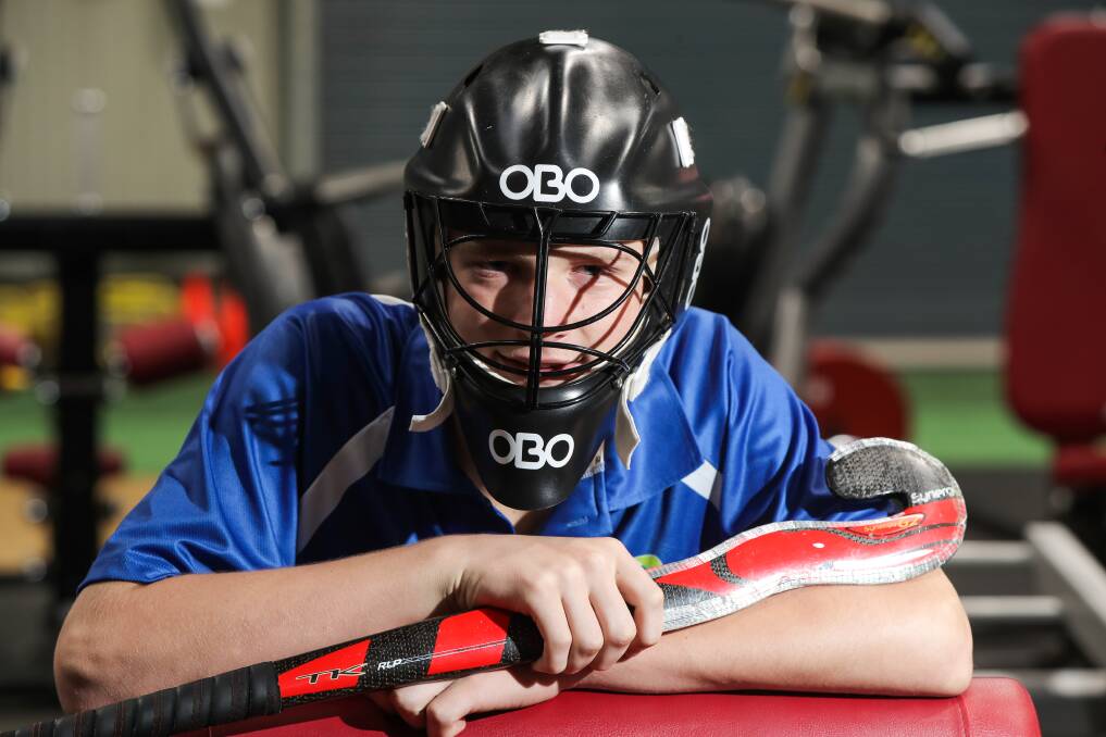 On the rise: Warrnambool hockey player Callum Bridge, 14, is hoping to be selected to keep goals for the Victorian under 16 team. Picture: Rob Gunstone