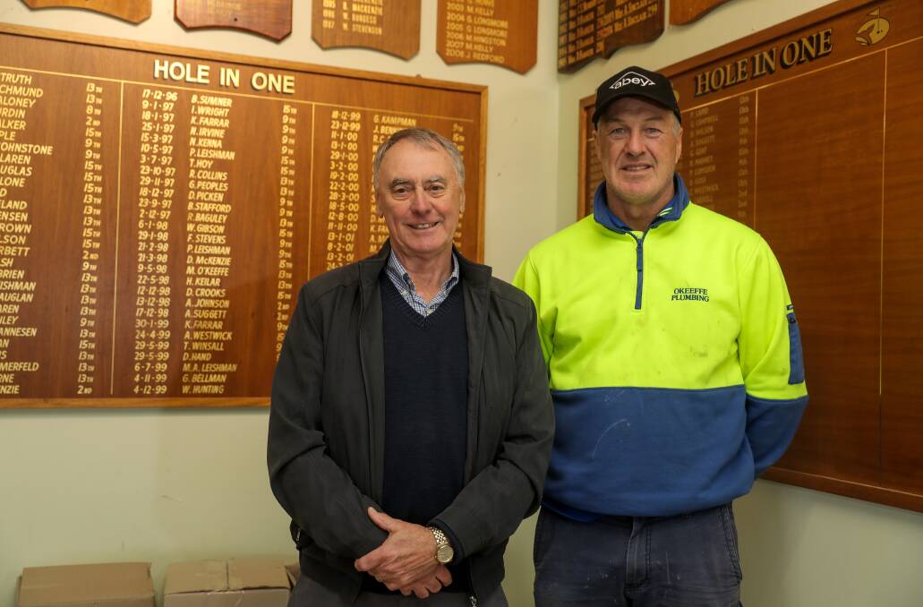 AWESOME JOB: Warrnambool golfers Peter McMillan and Mark O'Keeffe have both shot a hole-in-one on the 13th hole of the Warrnambool course. Picture: Rob Gunstone