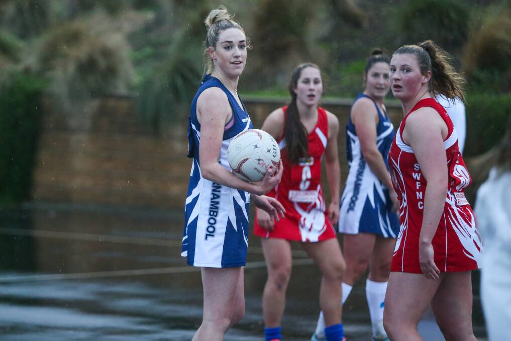 Injury scare: Blues' netball star Amy Wormald (centre) could miss the first game of the Hampden league season after suffering an ankle injury while playing basktball for the Warrnambool Mermaids.
