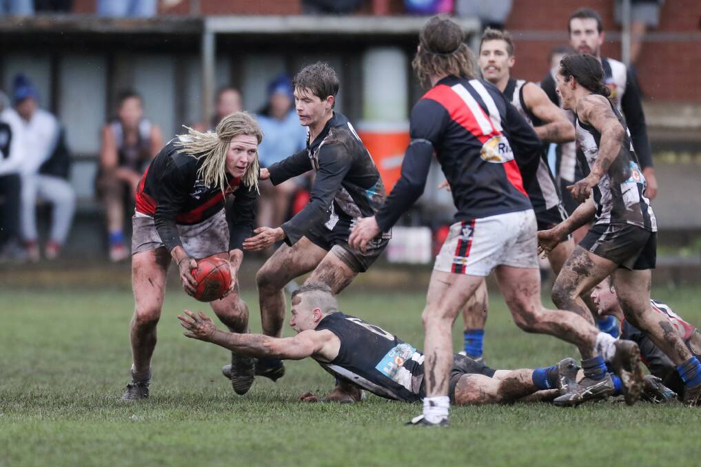 RUCK 'N' ROLL: Cobden's Toby Hawkins (pictured with ball) is one of the league's young ruckmen. Picture: Morgan Hancock