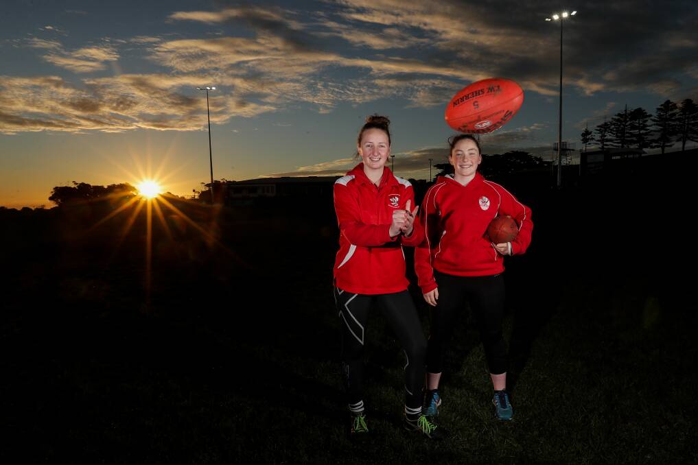 BRIGHT FUTURE: South Warrnambool footballers Caitlyn Smith, 18, and Jayda Page, 15, are ready for the Deakin University Female Football League grand final. Picture: Morgan Hancock