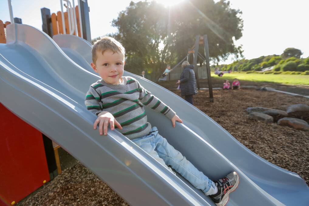Zac Traill, 4, plays on the new playground. Picture: Morgan Hancock