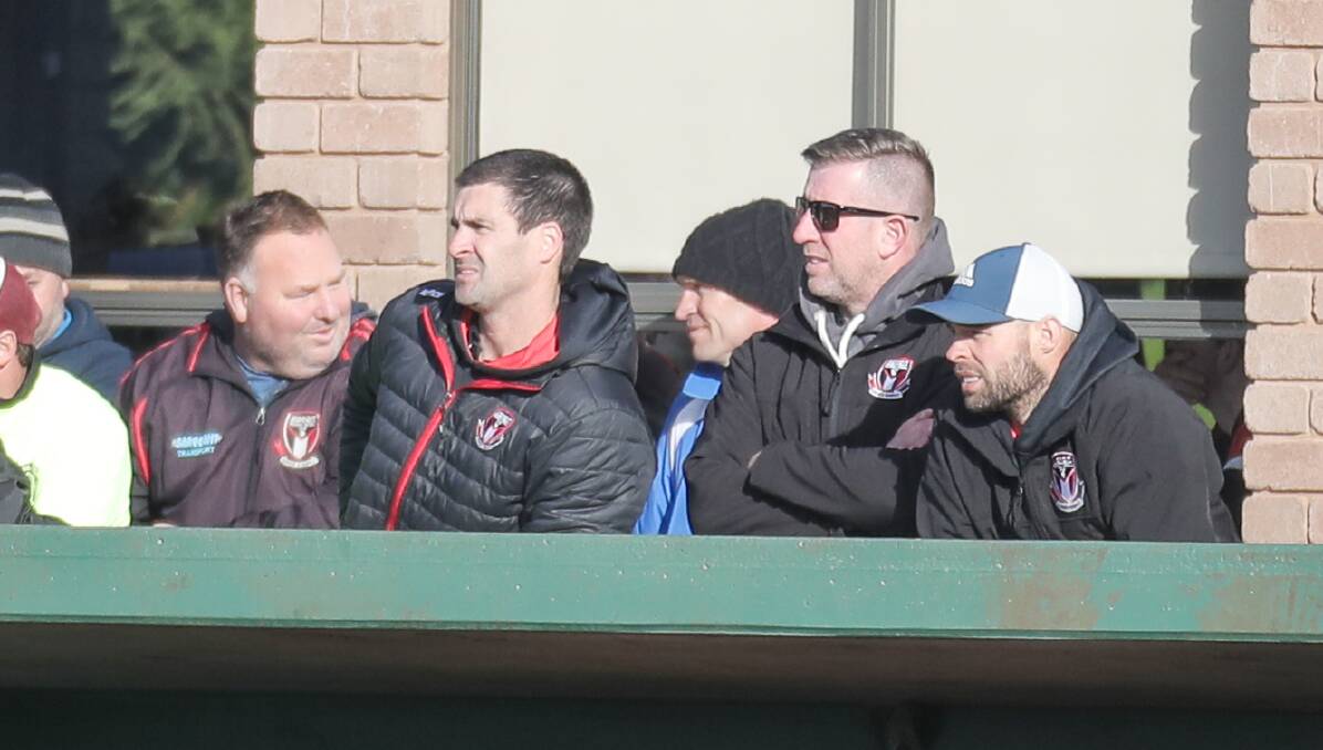 LOOKING AHEAD: Koroit coach Chris McLaren (second from left) has his side in a good spot. Picture: Morgan Hancock