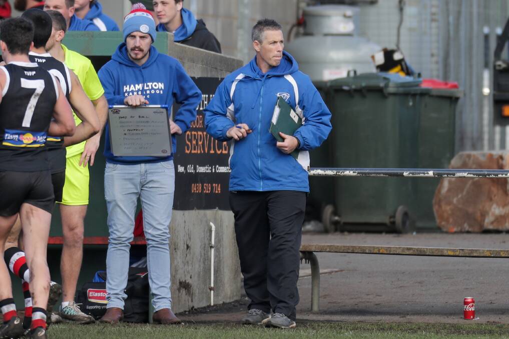 DECISIONS, DECISIONS: Matt Dunn plots Hamilton Kangaroos' next move from the boundary line during a game against Koroit in 2018. Picture: Morgan Hancock 