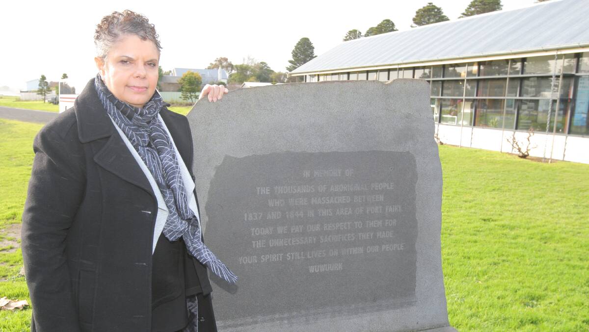 On a peace mission: Composer Deborah Cheetham at the memorial in Port Fairy to aborigines massacred in the south-west.