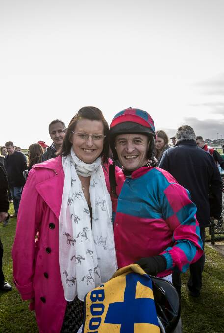 Winners are grinners: Trainer Karina O'Sullivan and jumps jockey Tom Ryan celebrate their win with Gold A Plenty in the Thackeray Steeplechase. Picture: Christine Ansorge