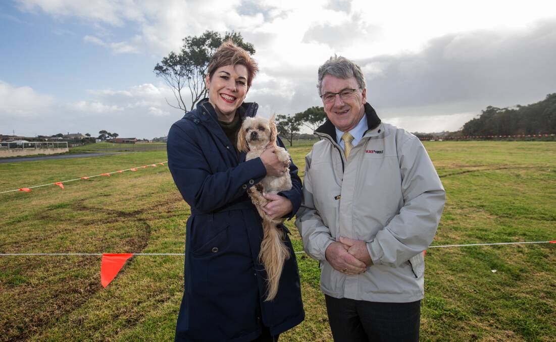 HAVE YOUR SAY: Warrnambool councillor Sue Cassidy and mayor Robert Anderson at the Queens Road site, one of three possible locations for an off-lead dog park. Picture: Christine Ansorge