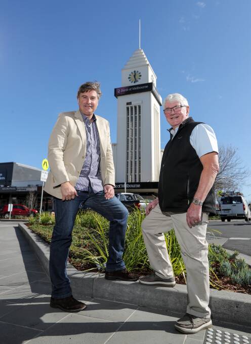 Light it up: Warrnambool City councillor Tony Herbert and Andrew Suggett are proposing to light up the Bank of Melbourne clock tower. Picture: Rob Gunstone