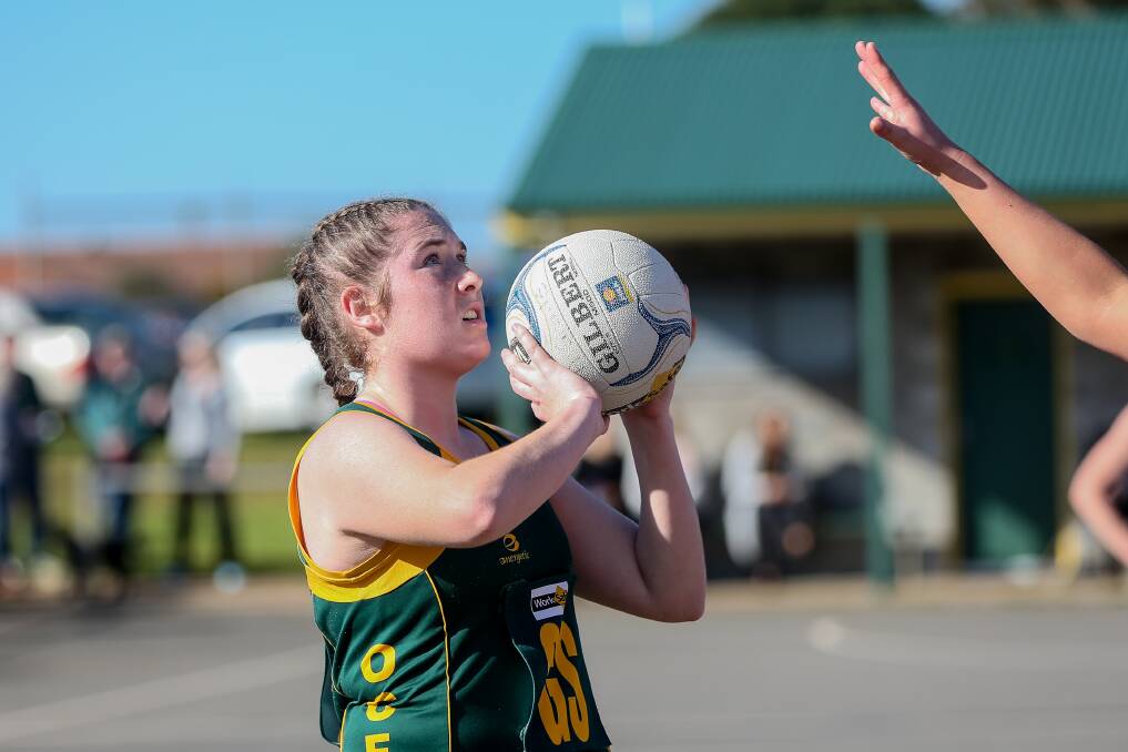 On target: Old Collegians' goal shooter Maggie Kline shoots for the net. Panmure coach Stacy Dunkley rates her highly. 