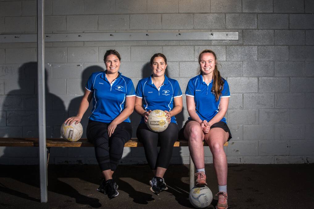 READY ROOS: Russells Creek netballers Sarah Robertson, Thalia Robertson and Micaela Eccles are excited the Kangaroos are back in the Warrnambool and District league finals after a long break. Picture: Christine Ansorge