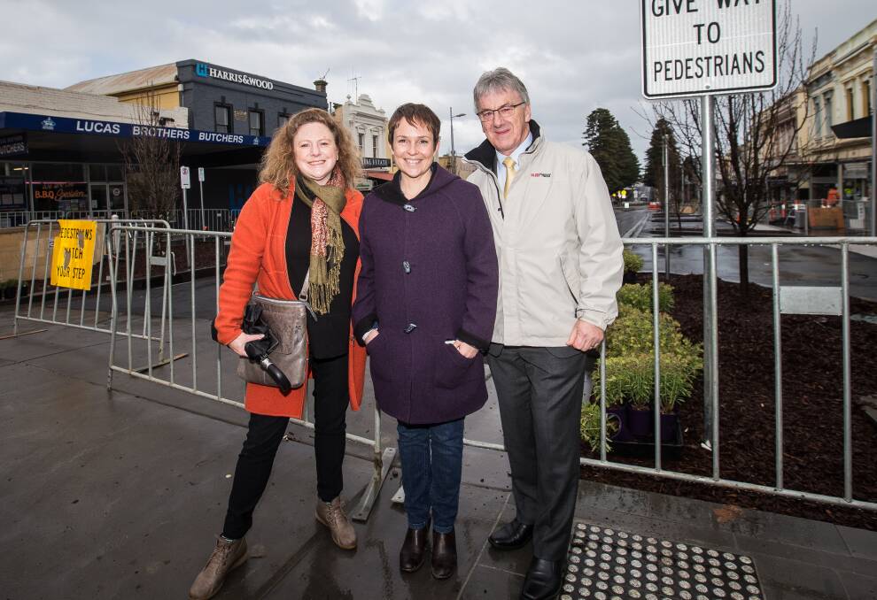 Minister for Regional Development Jaala Pulford (centre) gets an update on the nearly-complete Liebig Street works from city councillor and South West Coast Labor candidate Kylie Gaston and Warrnambool mayor Robert Anderson.  Picture: Christine Ansorge