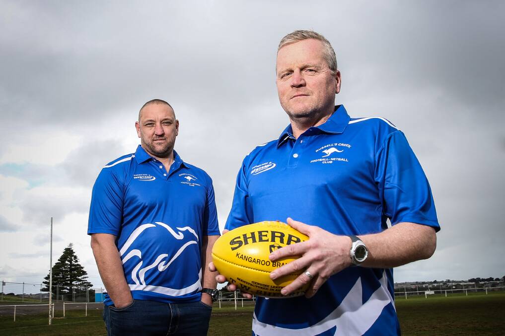 New roo: Russells Creek joint football president Jason Russell welcomes new senior coach Peter Timms to the club. Picture: Christine Ansorge