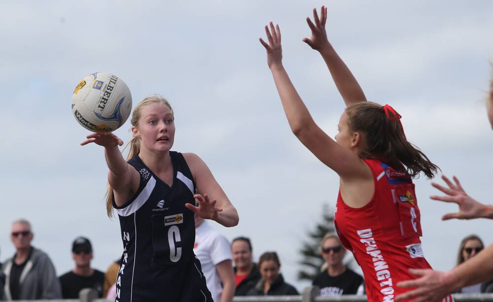 WIN: Nirranda best-and-fairest winner Joanna Couch passes off during Saturday's grand final victory over Dennington. Picture: Michael Chambers