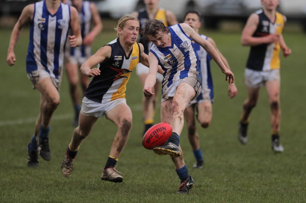 TAKING FLIGHT: Hamilton Kangaroos' Riley Alexander during a Hampden league junior game against North Warrnambool Eagles in 2018. He will play the same club in his senior debut on Saturday. Picture: Rob Gunstone