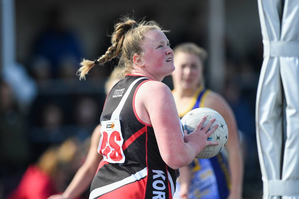 Sharp shooter: Koroit goalie Nell Mitchell looks toward goal. She has had a stunning start to the season and looks forward to the Saints clash with Warrnambool on Saturday. Picture: Morgan Hancock.