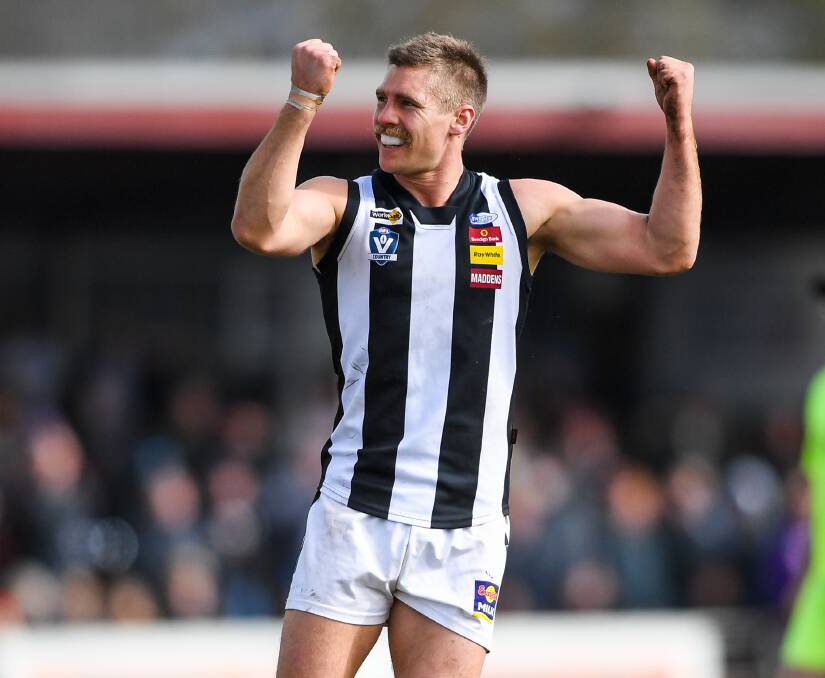 PUMPED: Camperdown forward Luke Mahony celebrates one of his three qualifying final goals. He also took a screamer in the Magpies' win. Pictures: Morgan Hancock