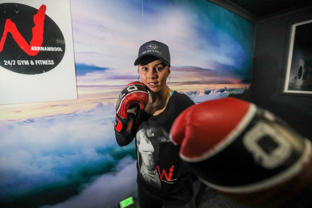 TRAINING TEST: Neekz Johnson trains in the Warrnambool 24/7 Gym & Fitness high altitude room before her Indian fight. Picture: Morgan Hancock 