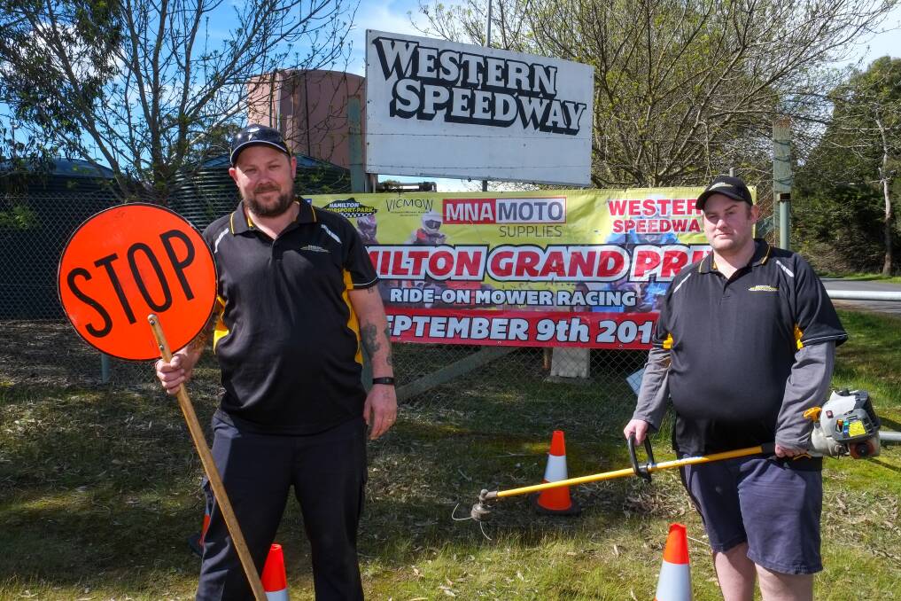 Revved Up: Hamilton Motorsport Park president Travis McIntosh and secretary Adrian Rhook are working to get the Western Speedway track ready for the Hamilton Lawn Mower Grand Prix. Picture: Rob Gunstone
