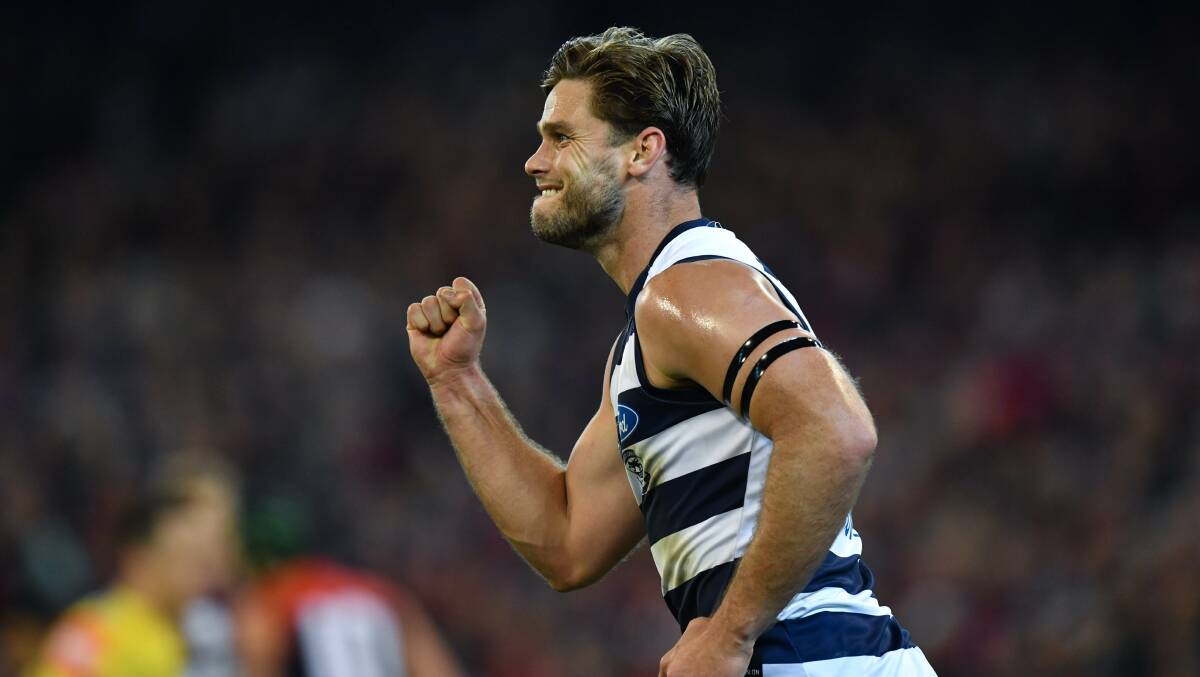 Tom Hawkins will be one of 10 Geelong players to travel to Warrnambool. Picture: Joe Armao