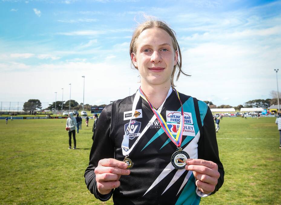 Kolora-Noorat's Ned Payne won best-on-ground in the WDFNL under 17.5 grand final. Picture: Christine Ansorge