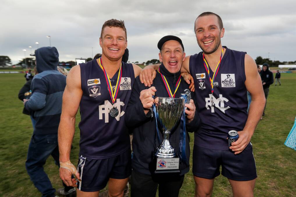 Signed on: Isaac Templeton (assistant), Shane Quick (coach) and Travis Graham (assistant) have all recommitted to Nirranda for the 2019 Warrnambool and District league season. Picture: Morgan Hancock .
