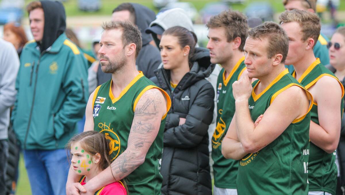 NOT AGAIN: Old Collegians' Nathan Forth, Xavier Quinlan and Josh Dwyer contemplate would could've been. Picture: Morgan Hancock 
