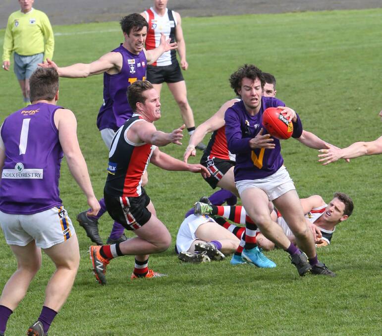 BURST AWAY: Port Fairy's Cameron Pevitt charges out of the pack during the Seagulls' preliminary final loss to Koroit at Friendly Societies' Park on Saturday. Picture: Michael Chambers