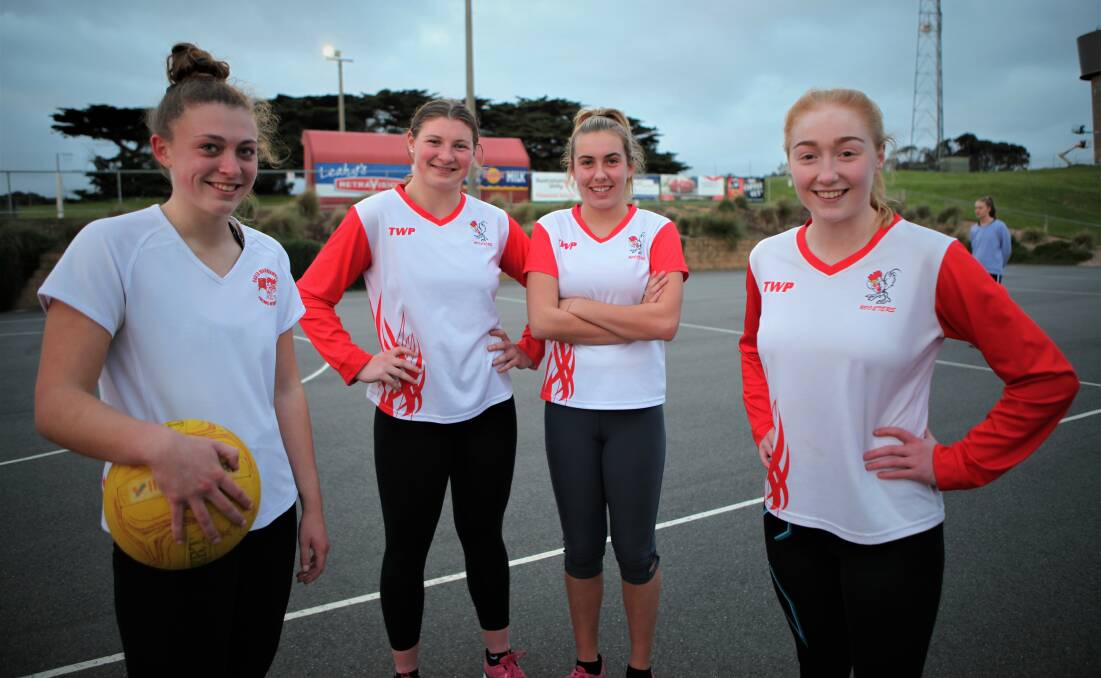 KEEN: South Warrnambool 17 and under netballers Bella Thornton, Jess Hardiman, Meg Kelson and Ebony Marris are ready for their grand final. Picture: Sean Hardeman