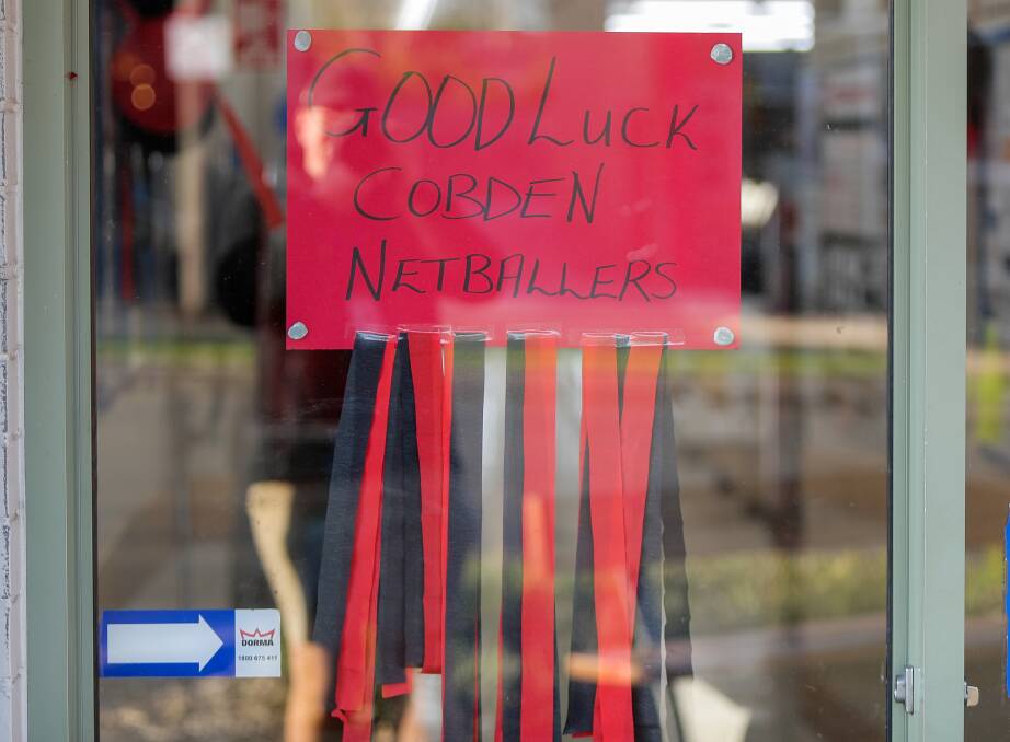 Go Bombers: A business gets behind Cobden's two netball sides playing in the Hampden League grand final on Saturday. Pictures: Morgan Hancock