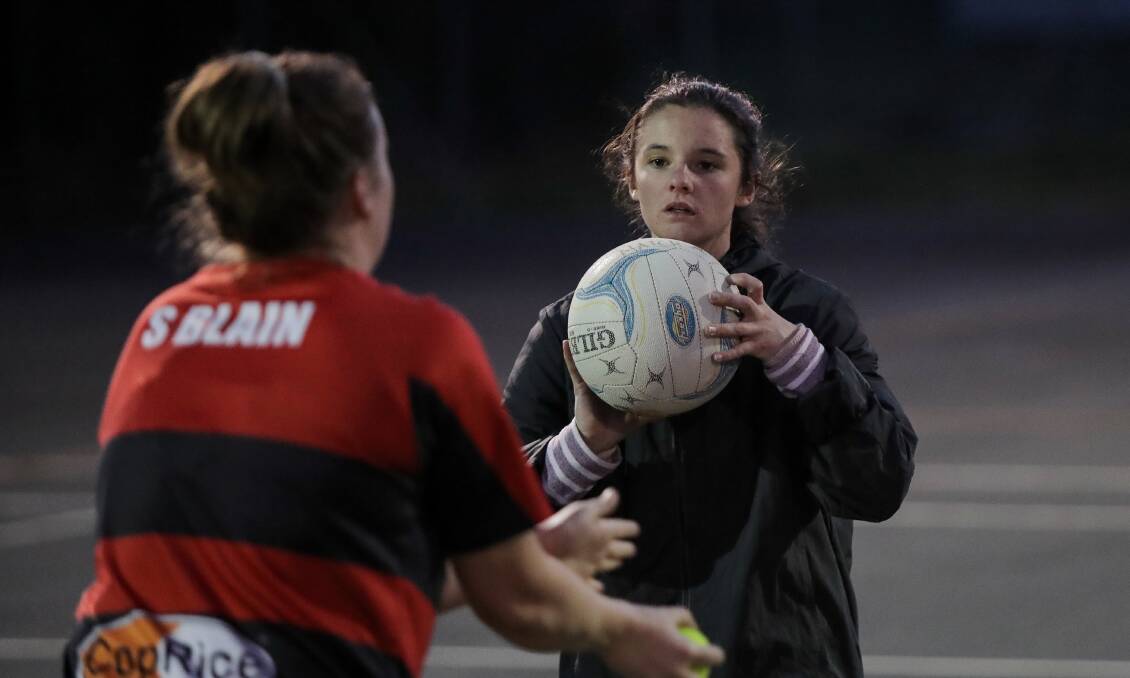 PRACTICE MAKES PERFECT: Reigning Hampden league best and fairest Amy Hammond participates in a Cobden netball training session in 2018. How far away will it be before south-west teams are training in-person again? Picture: Morgan Hancock