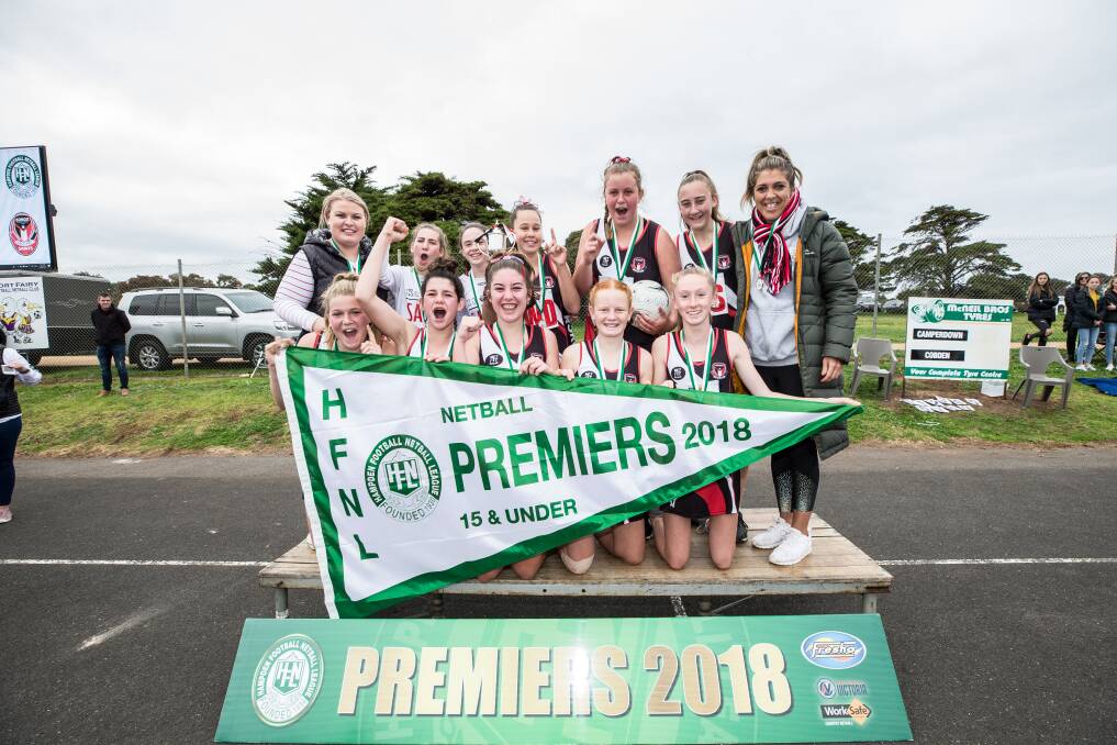 Sensational Saints: Koroit celebrate after it pulled off an upset win against Port Fairy in the 15 and under grand final. Picture: Christine Ansorge