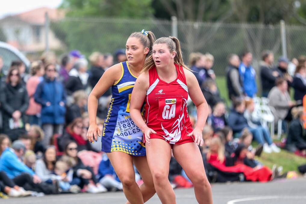 Promising youngster: South Warrnambool goal attack Jessica Hardiman and North Warrnambool goal defence Zoe Bussell watch the ball in play. Picture: Christine Ansorge