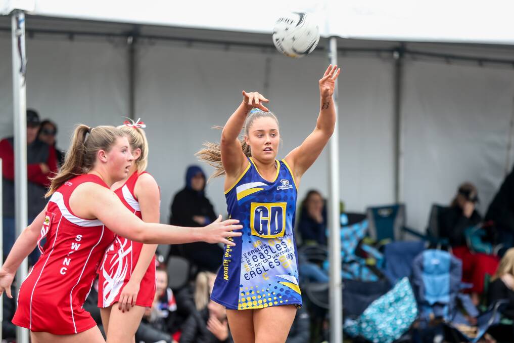 Season over: North Warrnambool Eagles young gun Zoe Bussell (centre) won't play open grade Hampden league netball again until 2020 after snapping her Achilles in round two. Picture: Christine Ansorge