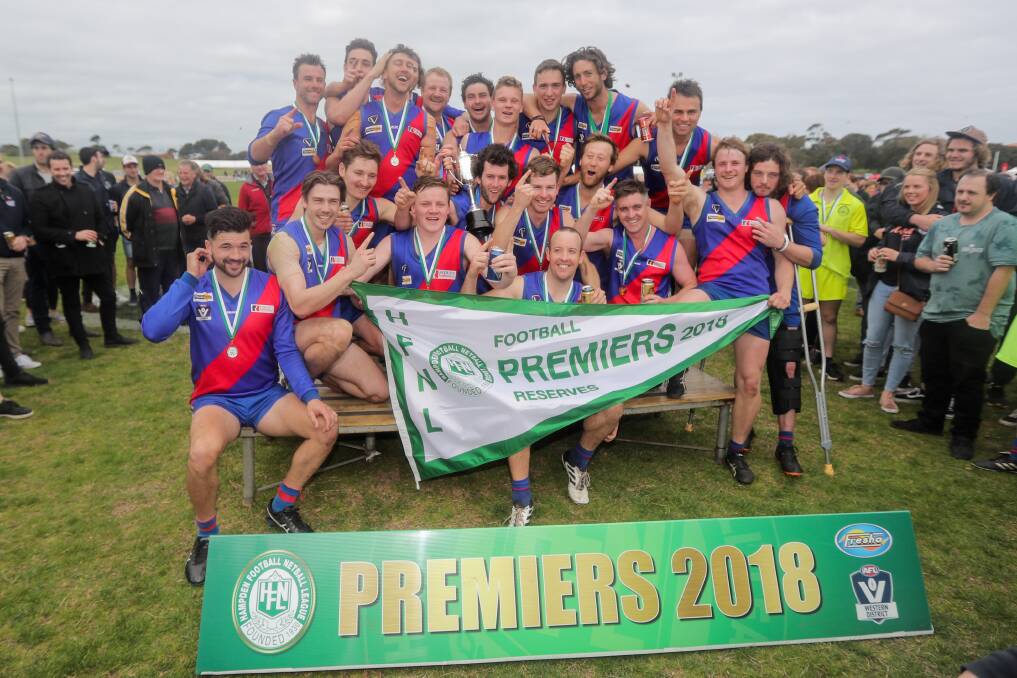 Bloody brilliant: Terang Mortlake poses with its reserves premiership cup. Picture: Morgan Hancock