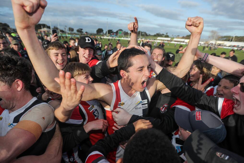 ON TOP OF THE WORLD: Koroit's Jarrod Korewha reacts to the Saints' 2017 grand final win. Picture: Morgan Hancock